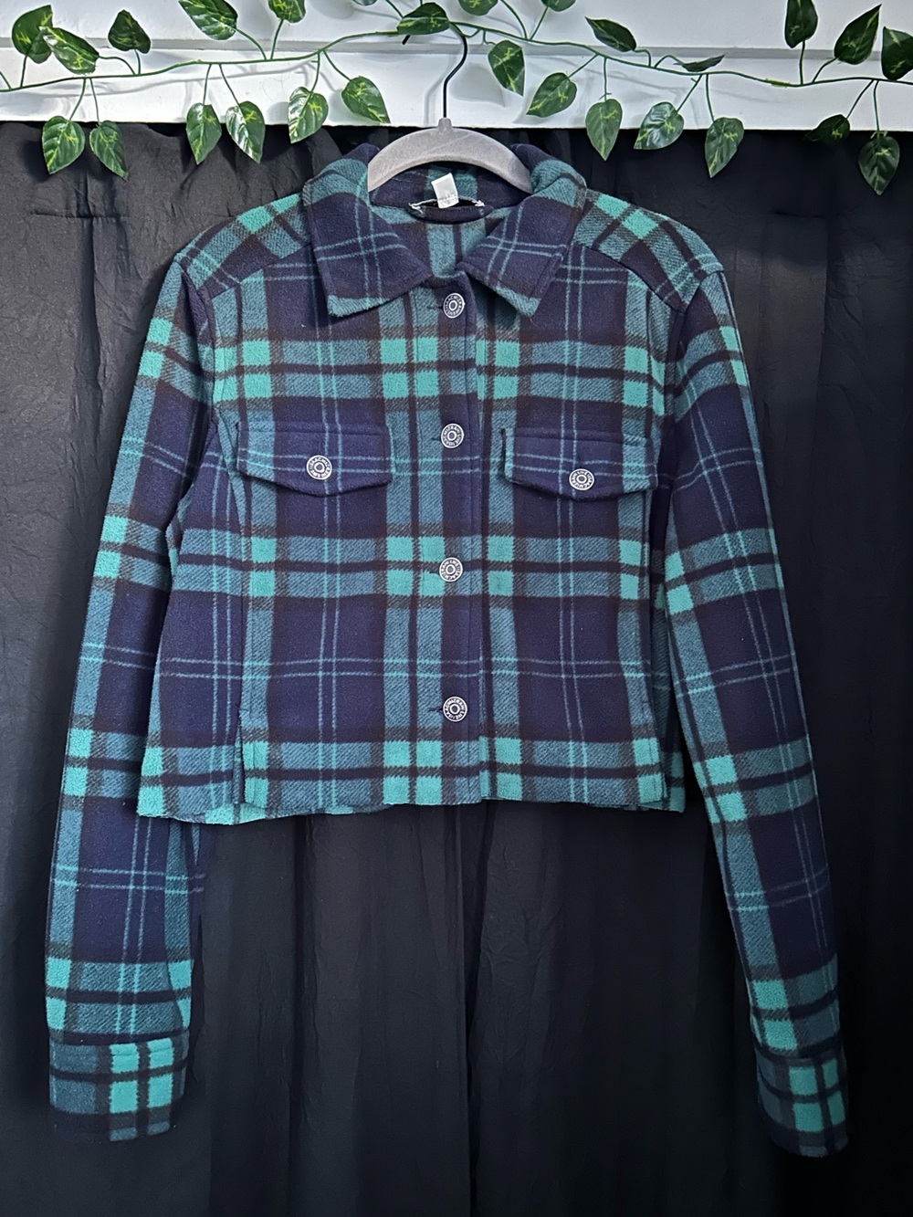 Isaac Mizrahi Navy & Teal Plaid Cropped Jacket